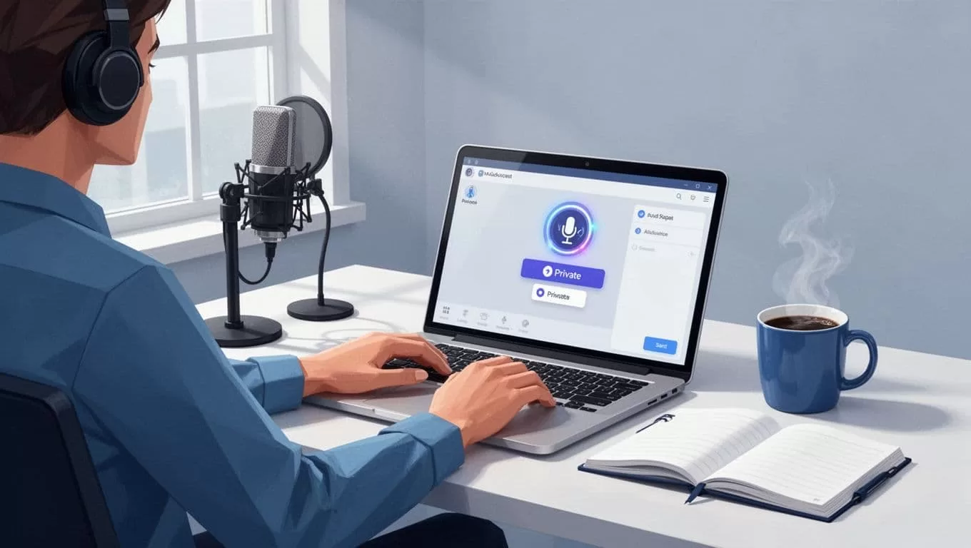 Podcaster at clean desk with laptop open to Transistor.fm dashboard showing add show and private option, microphone, mug, notebook nearby.