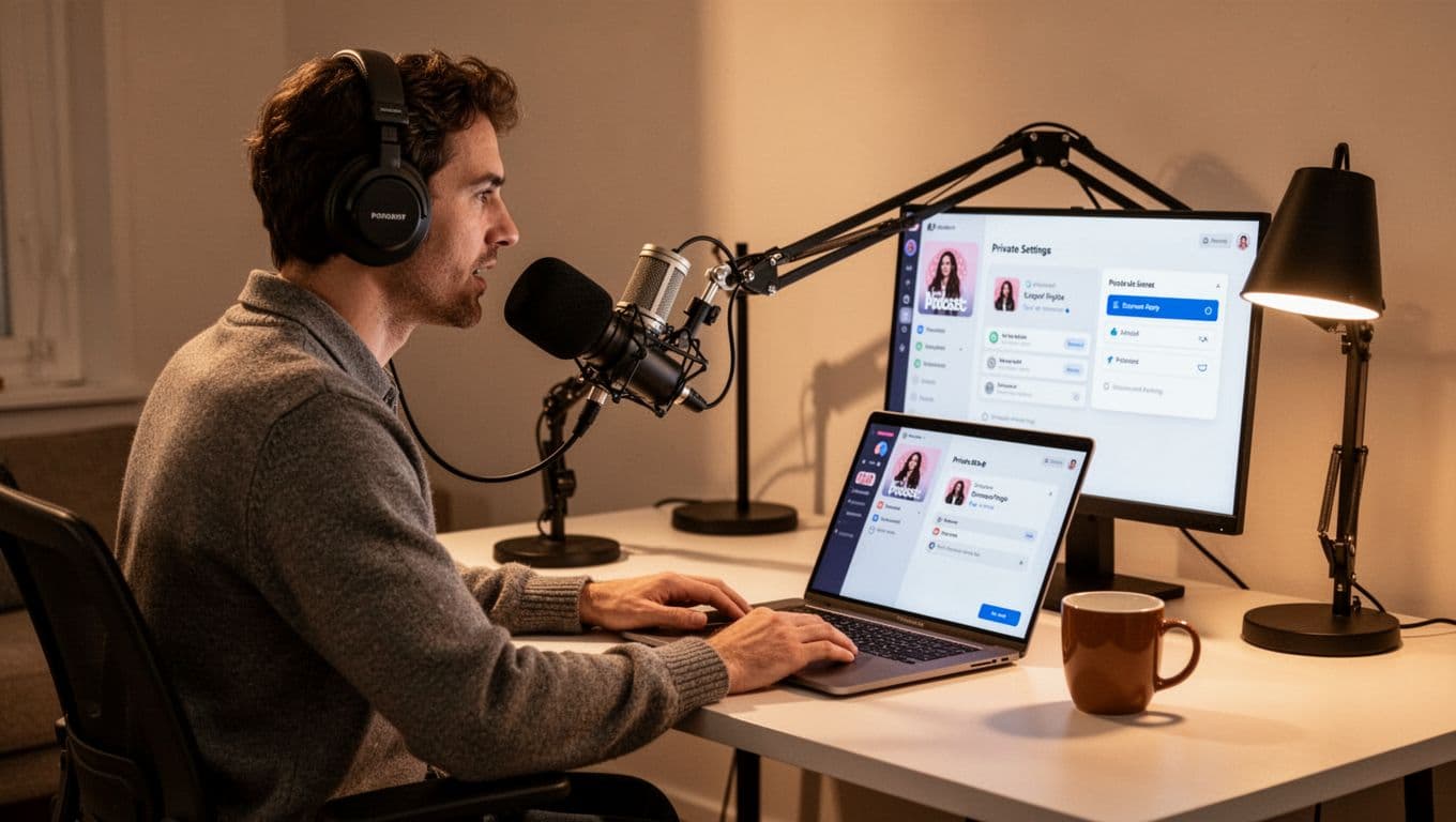 Podcaster at desk with microphone, laptop showing Transistor.fm private podcast settings, and coffee mug.