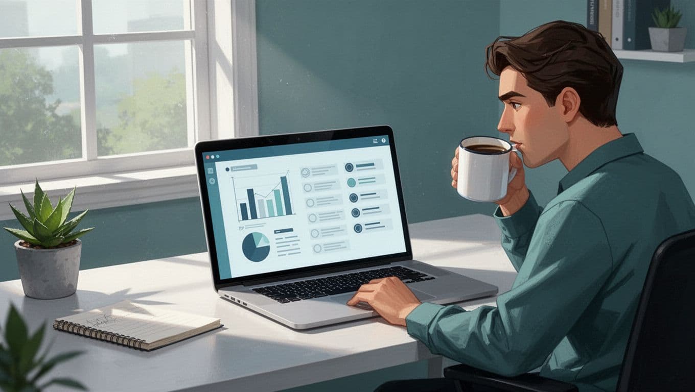 Modern illustration of a podcaster at a desk in a clean home office with laptop open to Transistor.fm dashboard showing private podcast settings and subscriber list, coffee mug nearby, soft lighting and blue-green palette.