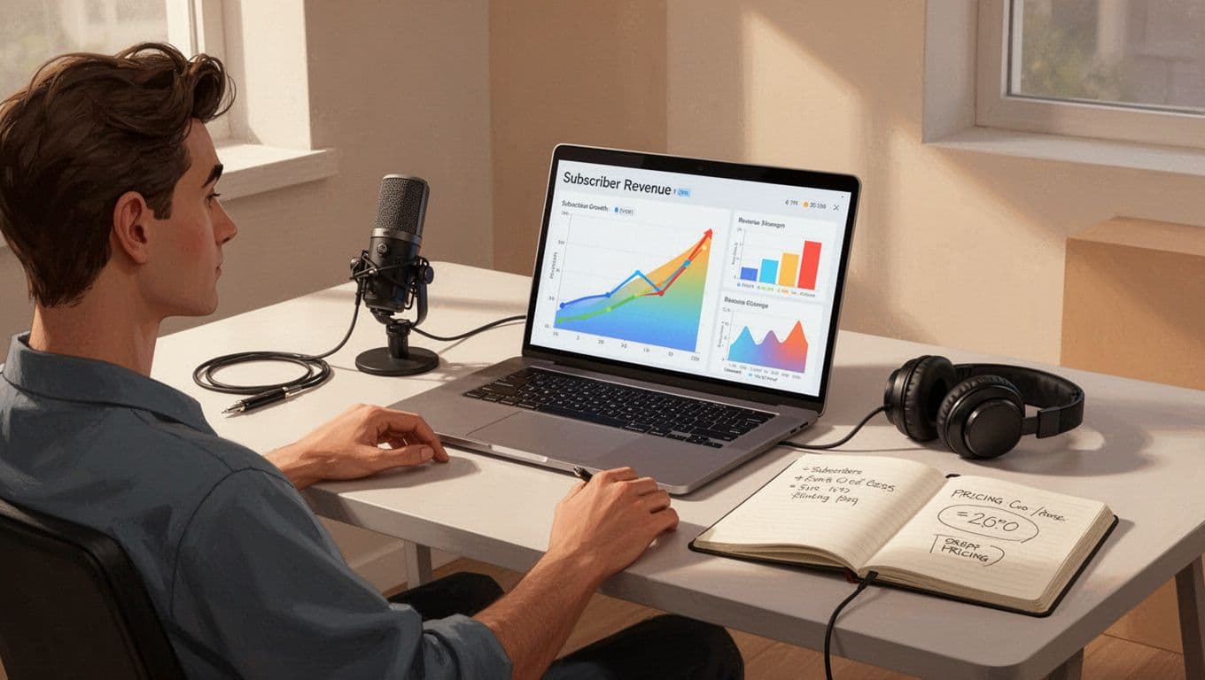 Podcaster views subscriber growth chart and revenue metrics on laptop dashboard, with microphone, headphones, and open pricing notebook on desk.