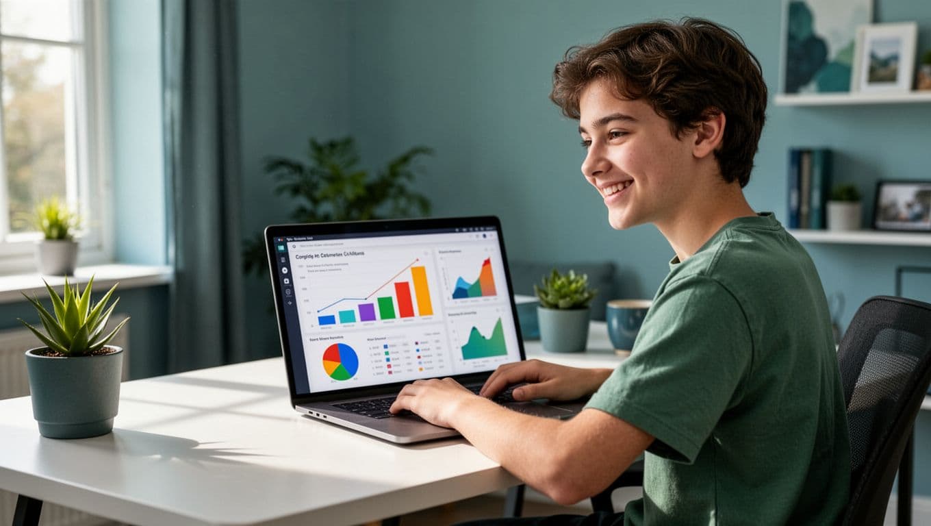 Podcaster at desk views laptop screen showing listener growth charts and episode stats.