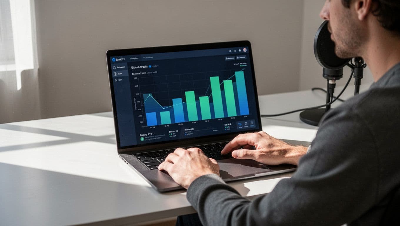 Podcaster at desk views abstract bar charts on laptop screen.
