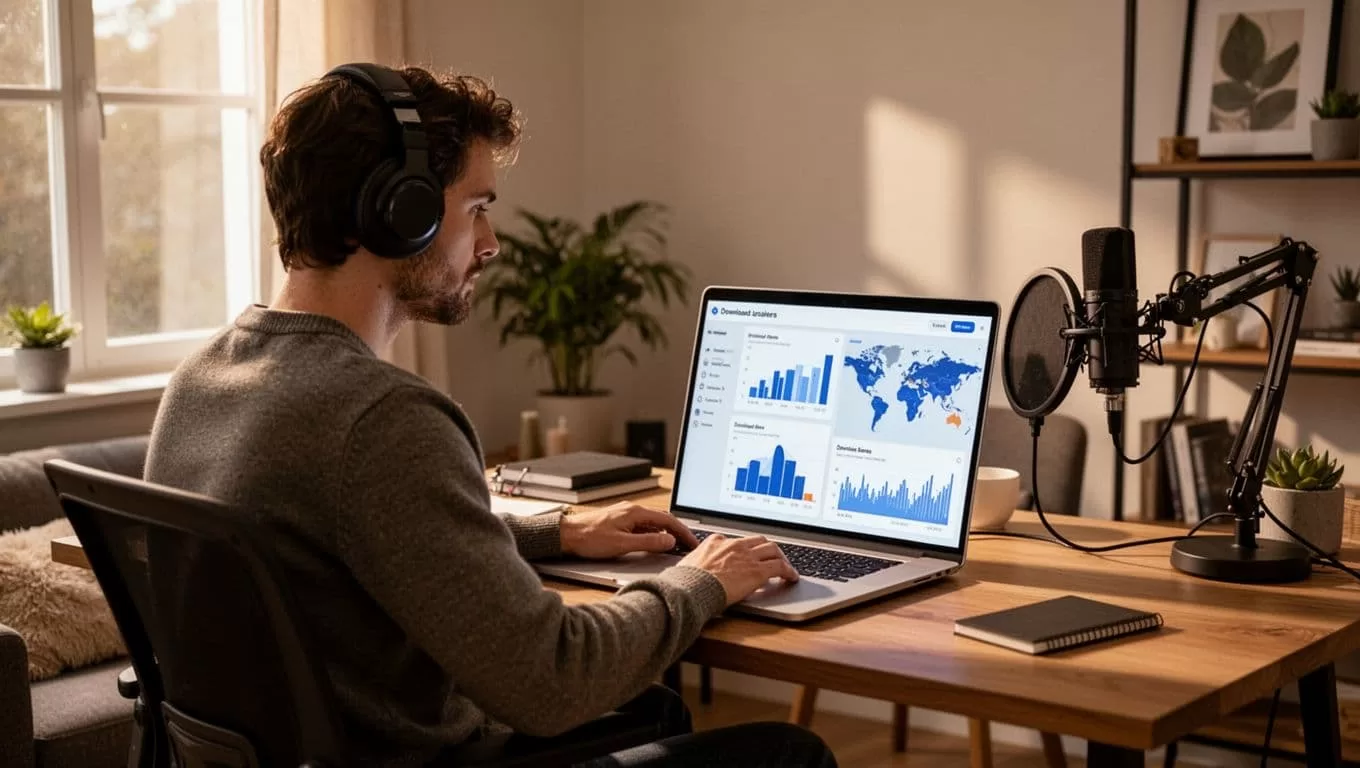 Modern illustration of a podcaster reviewing analytics dashboard on laptop in cozy home studio, with download charts and listener maps visible on screen.