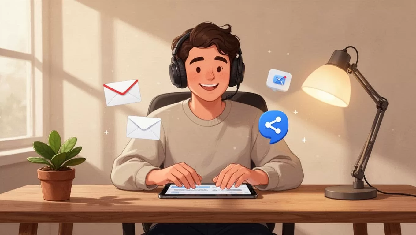 Modern illustration of a smiling podcaster at a cozy desk reviewing listener feedback on a tablet, surrounded by subtle icons of emails and social shares, with plants, lamp, and warm lighting.