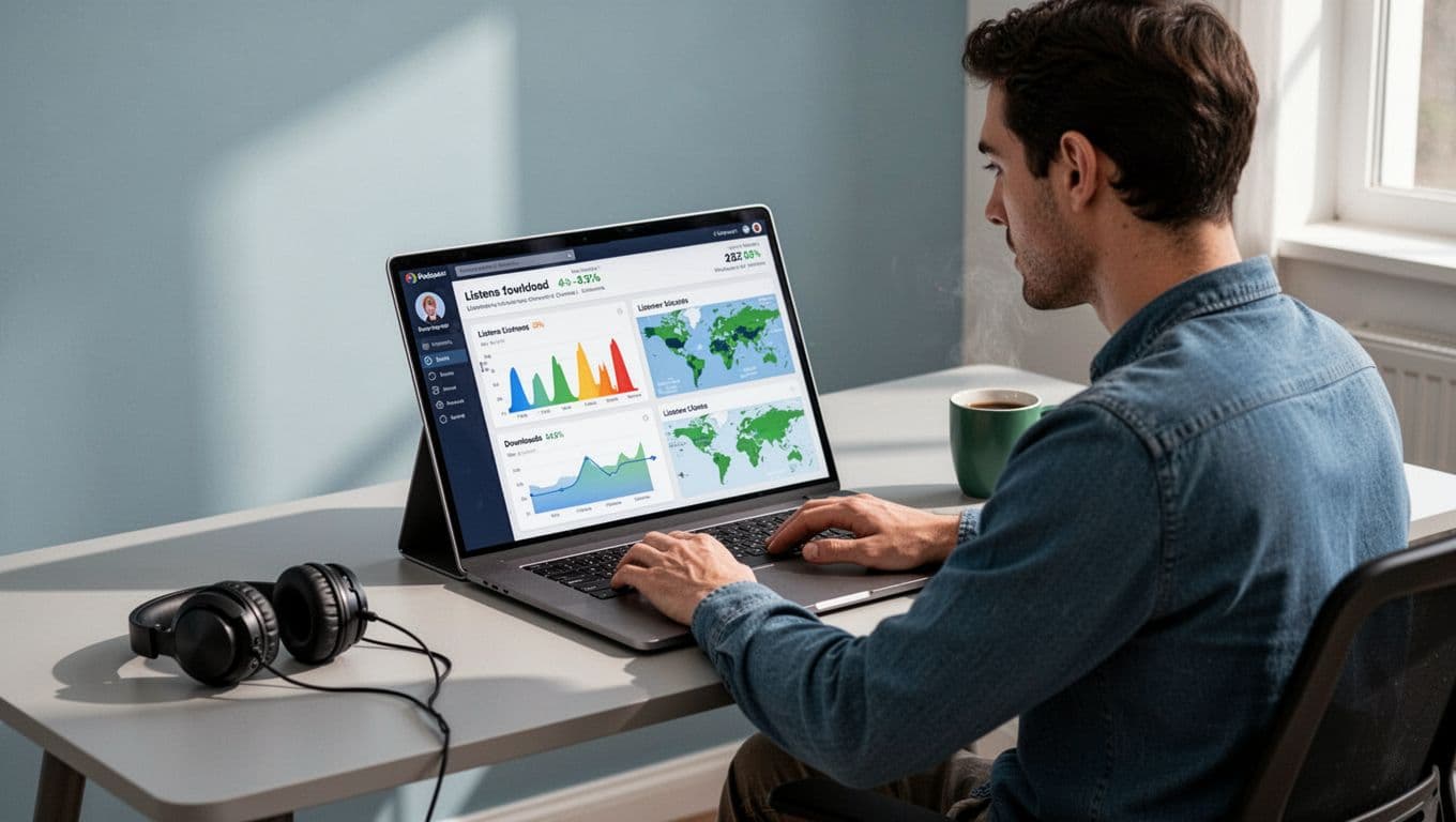 Podcaster at desk views laptop screen with podcast charts for listens, downloads, and listener locations, headphones and coffee nearby.
