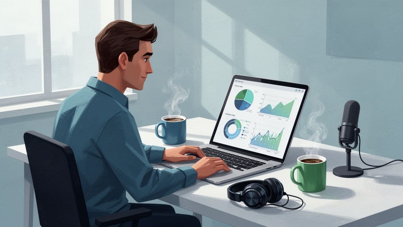 Modern illustration of a podcaster at a desk reviewing podcast analytics dashboard on a laptop screen, showing charts and graphs for listener stats. Clean desk with headphones and coffee mug nearby.