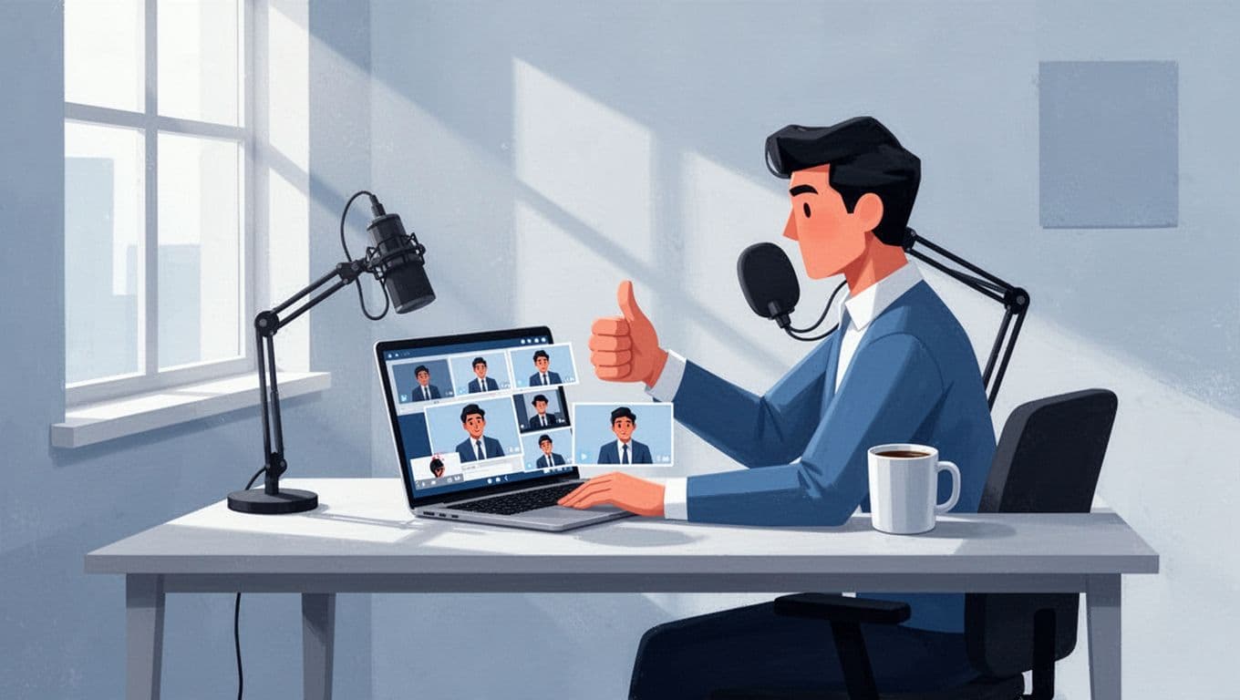 Modern illustration of a podcaster at a simple office desk, reviewing multiple short video clips on a laptop and giving a thumbs up to one, with a coffee mug nearby under soft window light.