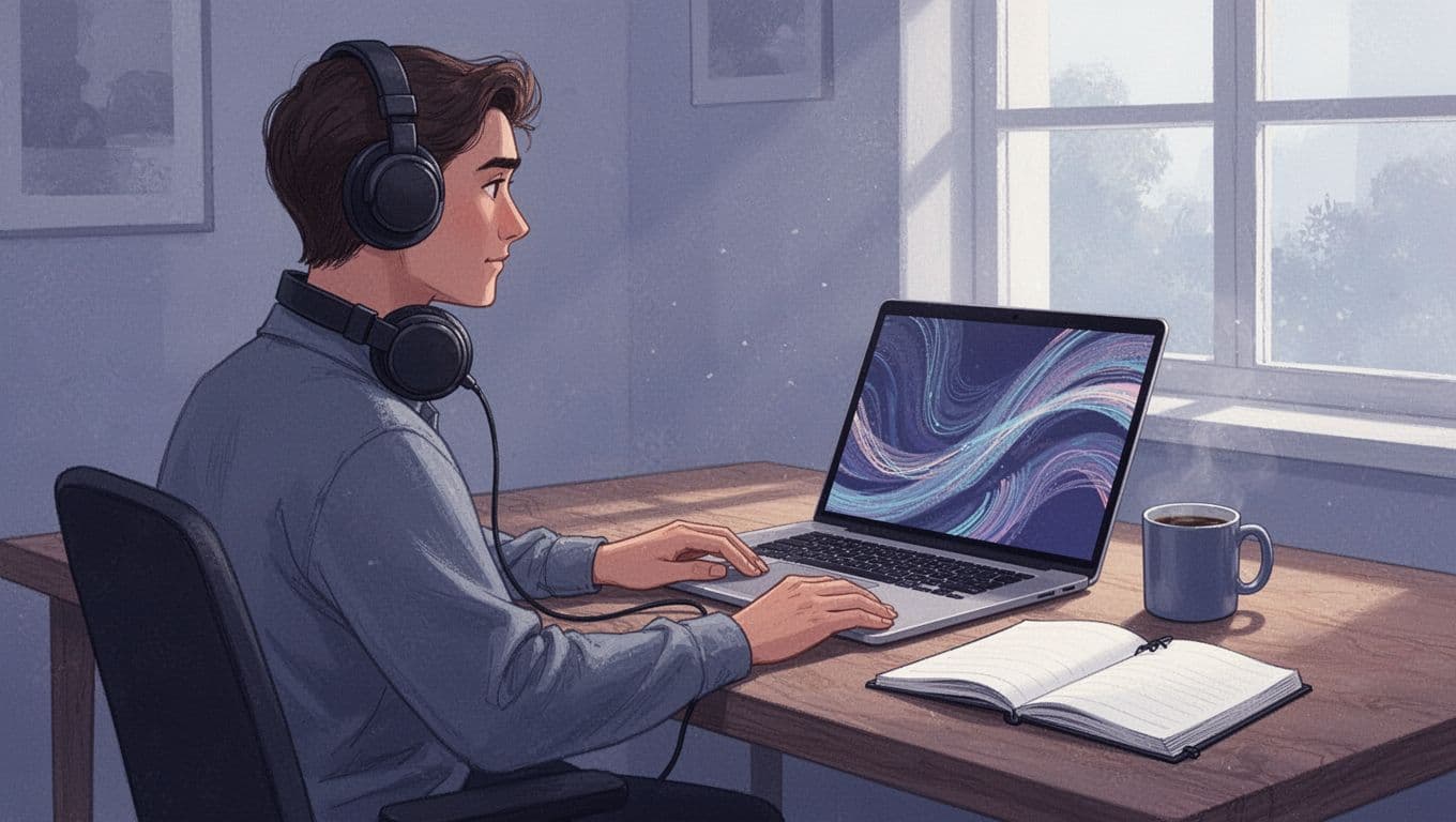 Side view of podcaster at wooden desk in home office, laptop with blurred RSS icon and sound waves, headphones around neck, coffee mug and notebook nearby.