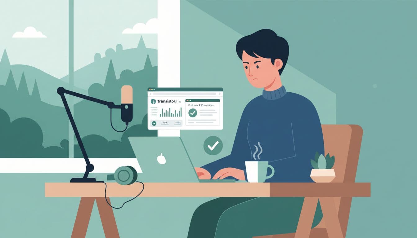 Focused podcaster at desk with laptop showing Transistor.fm dashboard and green RSS validation success, mic, headphones, steaming coffee.