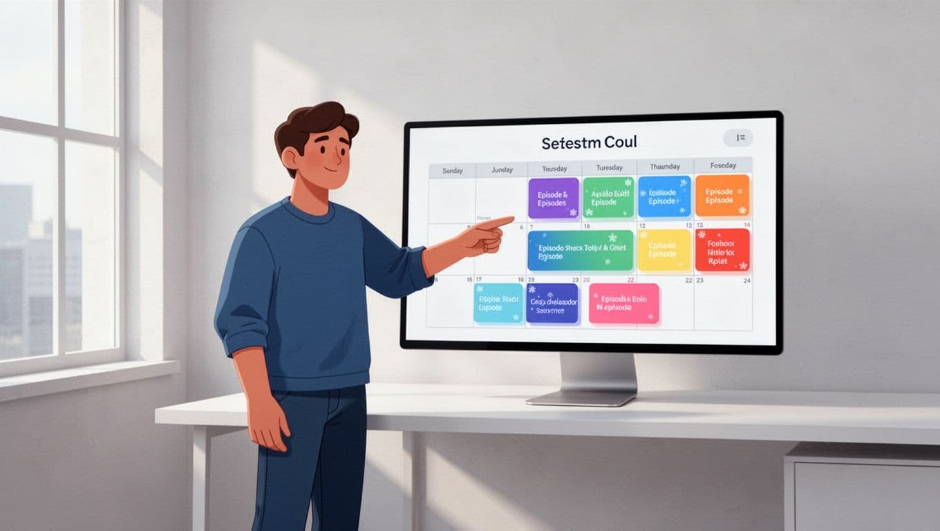 Podcaster points at screen showing calendar with podcast episodes scheduled across seasons in simple office.