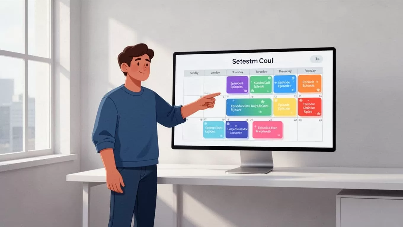 Podcaster points at screen showing calendar with podcast episodes scheduled across seasons in simple office.