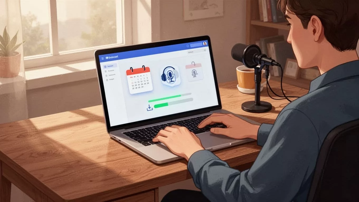 Podcaster at wooden desk in home office views Transistor.fm laptop dashboard showing calendar icons and upload bar.