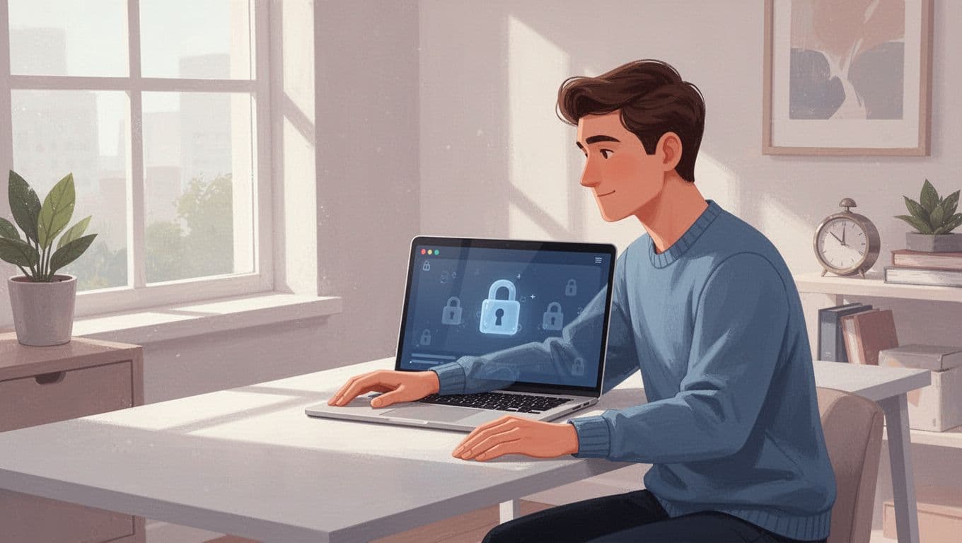 Podcaster at desk in bright home office views laptop dashboard with lock icon and private feed indicators.