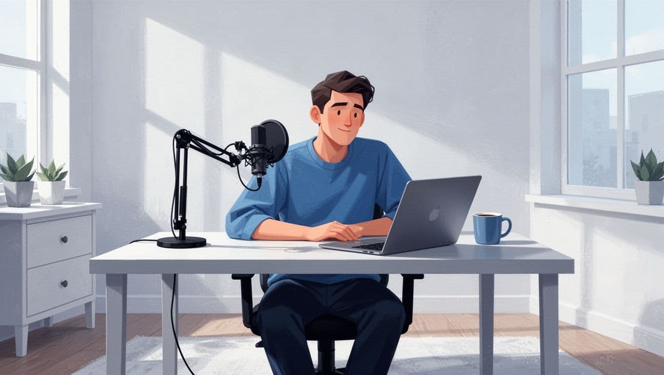 Podcaster sits relaxed at simple desk with microphone, laptop dashboard, coffee mug in bright home office.