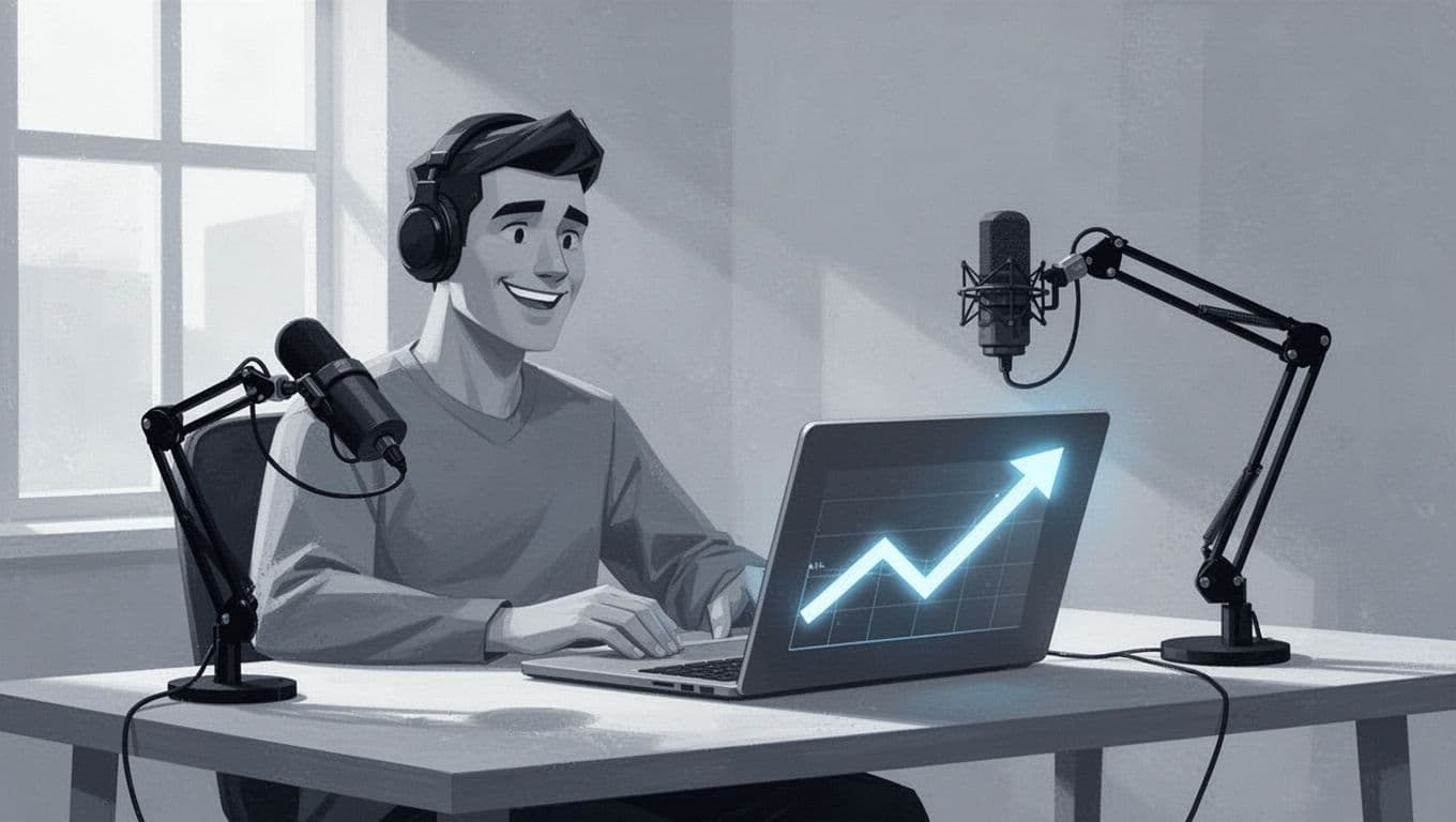 Illustration of smiling podcaster at laptop showing episode upload confirmation and growth chart, microphone stand nearby.