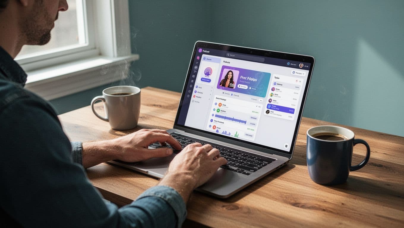Modern illustration of a podcaster at a desk using a laptop to submit a podcast to Apple Podcasts via the Transistor.fm dashboard, featuring clean shapes, blue and green tones, natural window light, and a coffee mug.