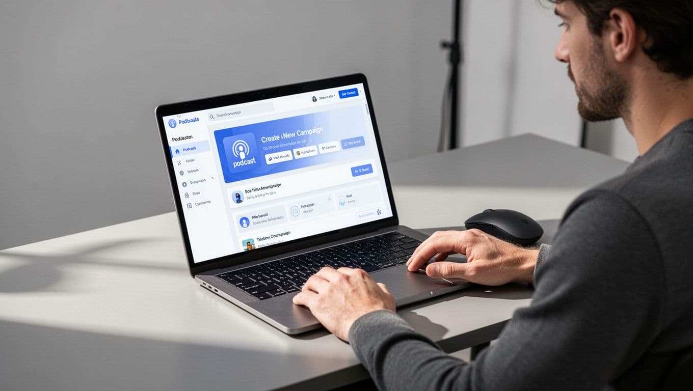 Podcaster at desk with laptop open to dashboard showing campaigns tab and new campaign interface.