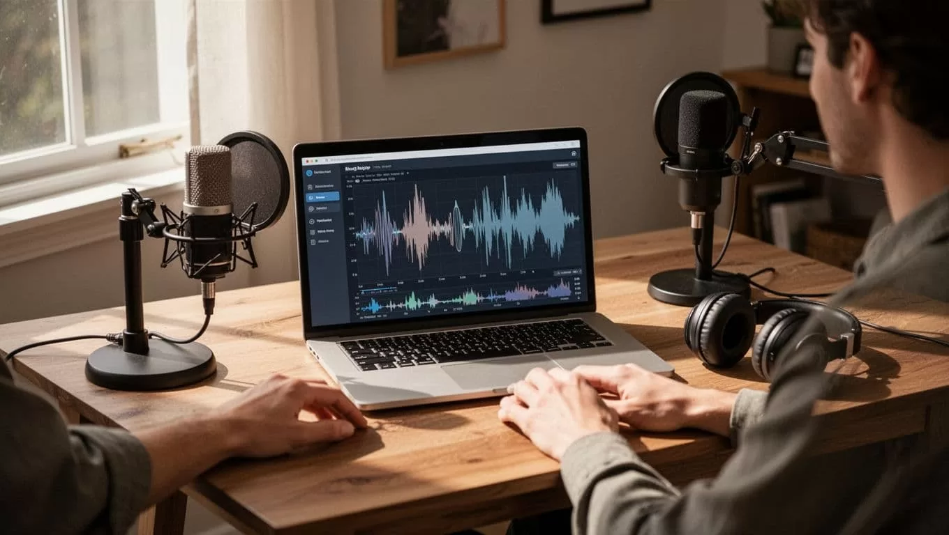 Podcaster at cozy home desk with laptop showing Transistor.fm dashboard, microphone and headphones nearby.