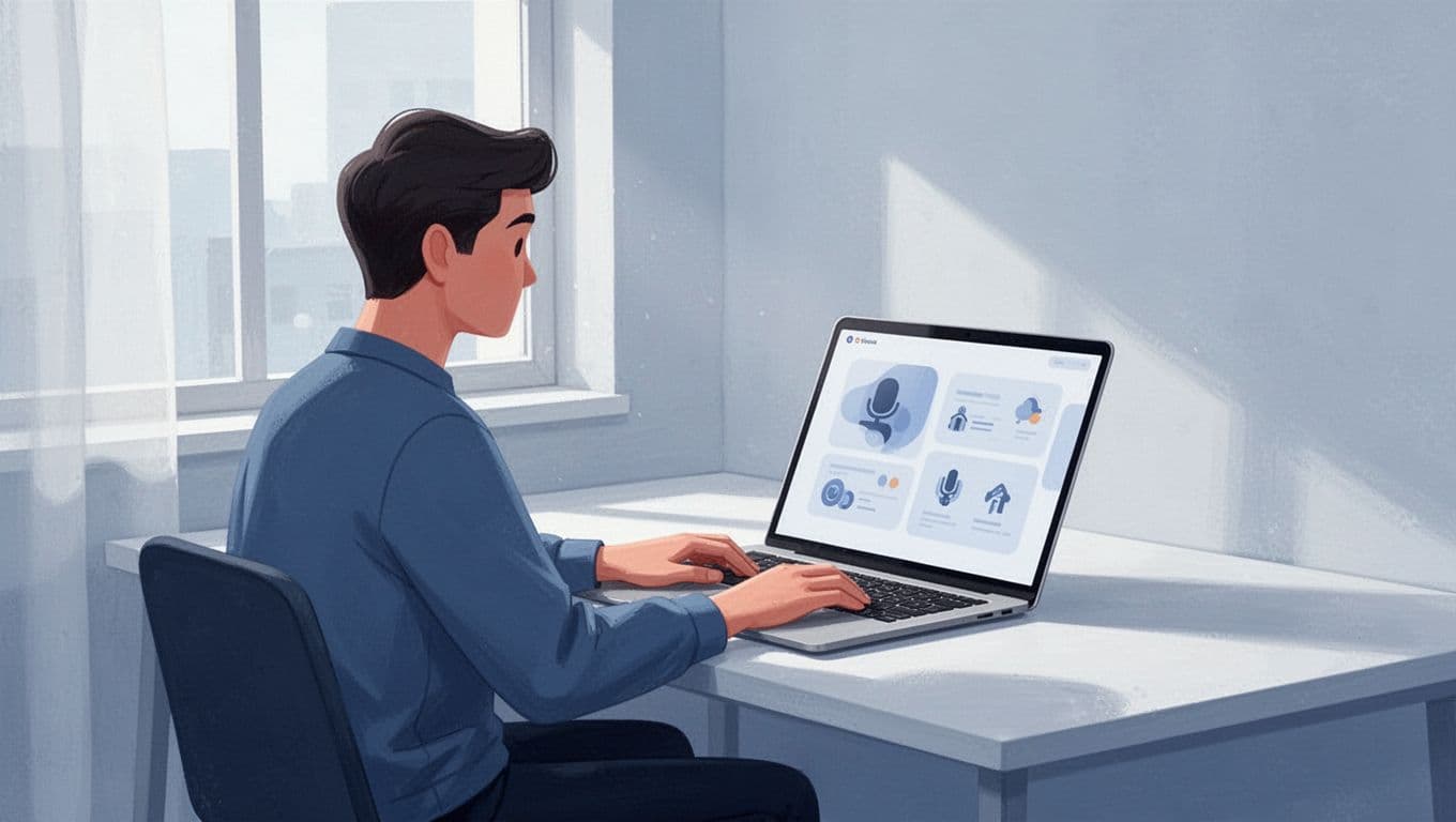 Podcaster sits at desk with laptop open to Transistor.fm dashboard for podcast submissions to directories.