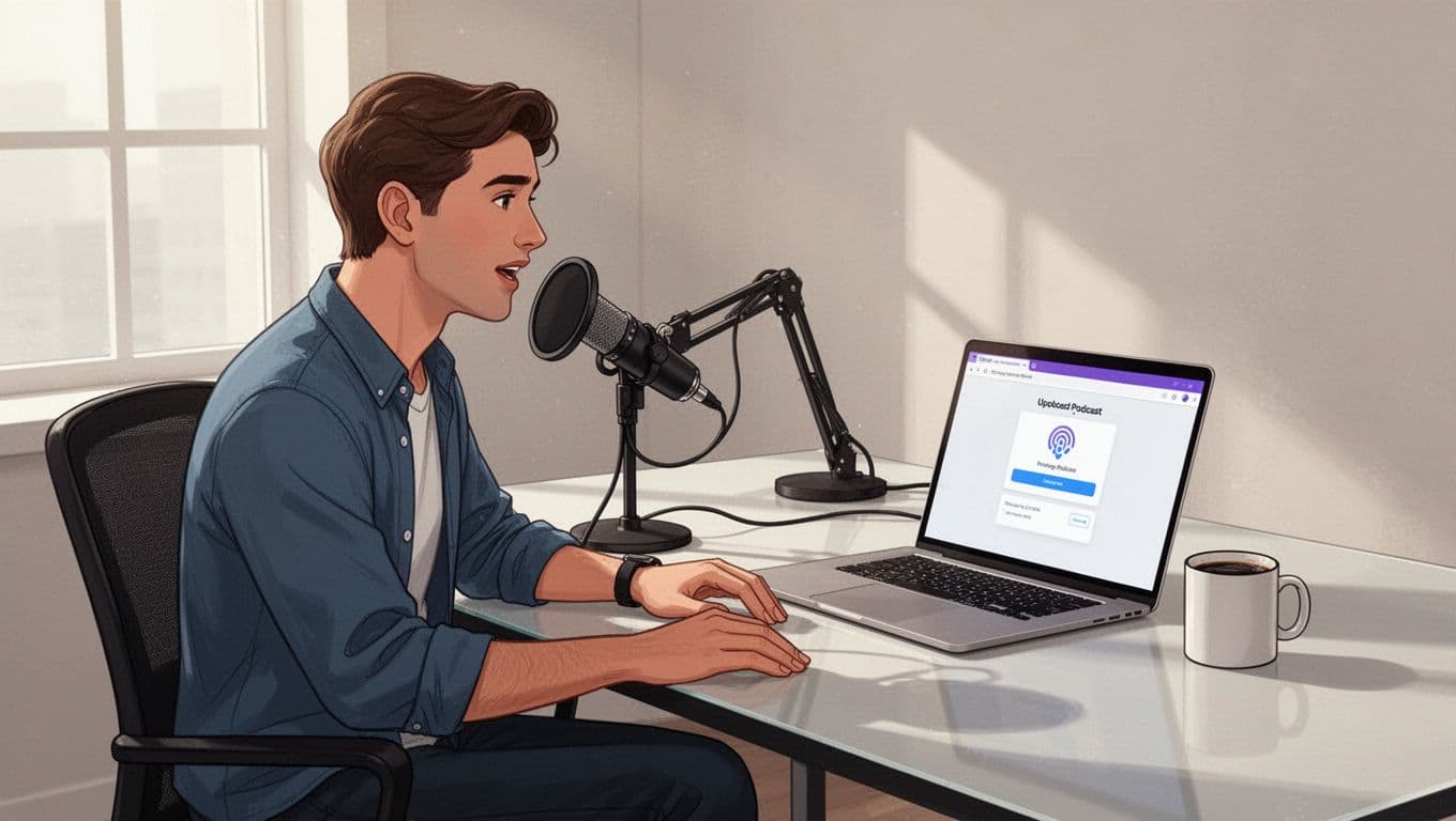 Podcaster sits at desk with microphone, laptop showing podcast upload dashboard, and coffee mug.