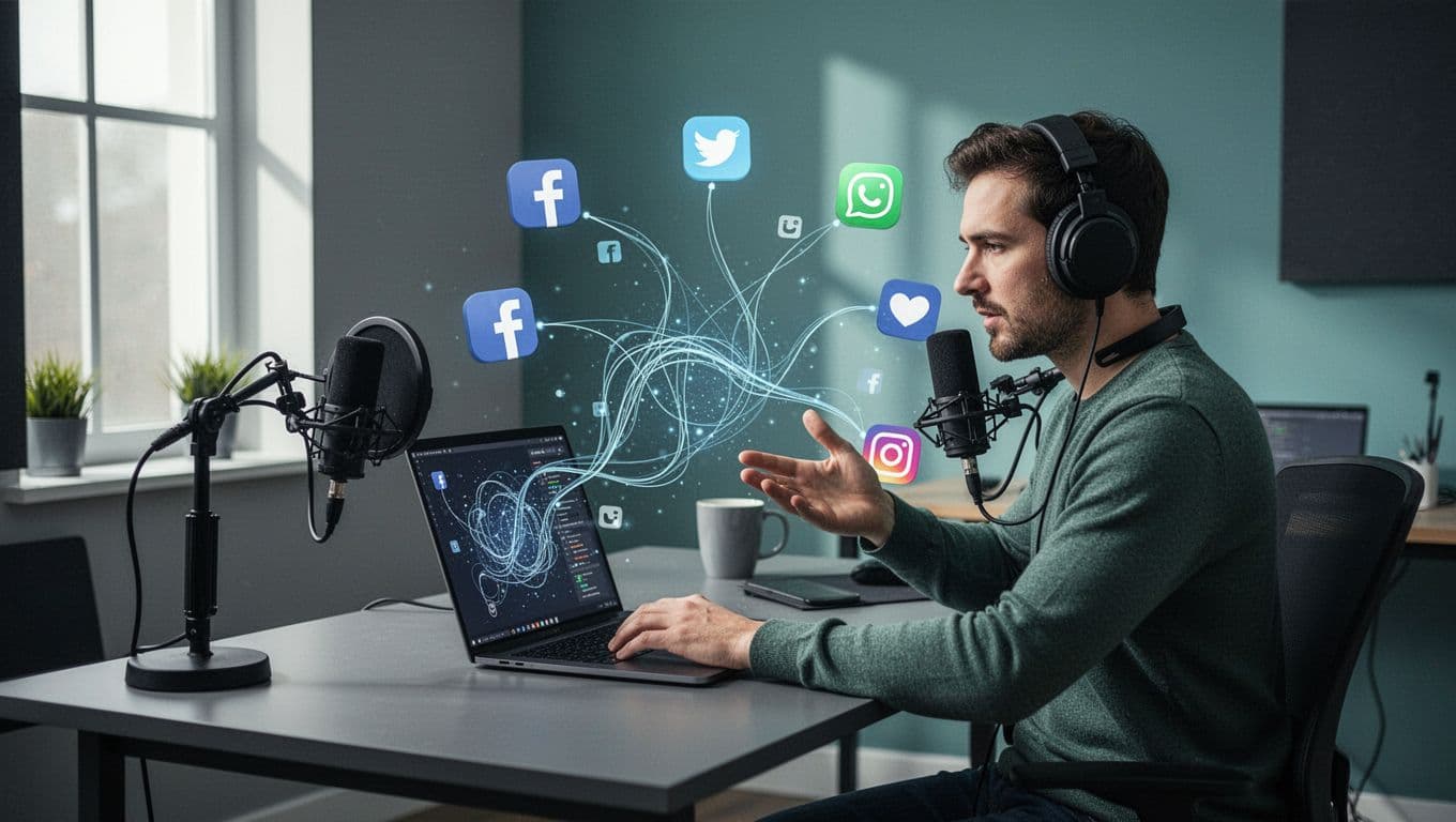 Modern illustration of a podcaster at a desk using a laptop to display the Transistor.fm dashboard connected via AI automation flows to social media icons, featuring a clean blue and green palette and central workflow diagram.
