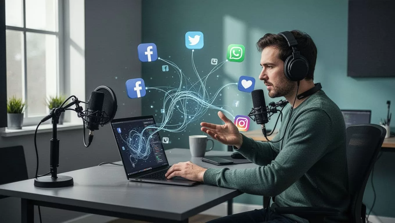 Modern illustration of a podcaster at a desk using a laptop to display the Transistor.fm dashboard connected via AI automation flows to social media icons, featuring a clean blue and green palette and central workflow diagram.