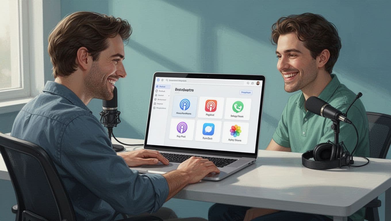 Modern illustration of a podcaster at a desk with a laptop open to the Transistor.fm dashboard, displaying podcast distribution settings to Spotify in a clean blue and green palette.