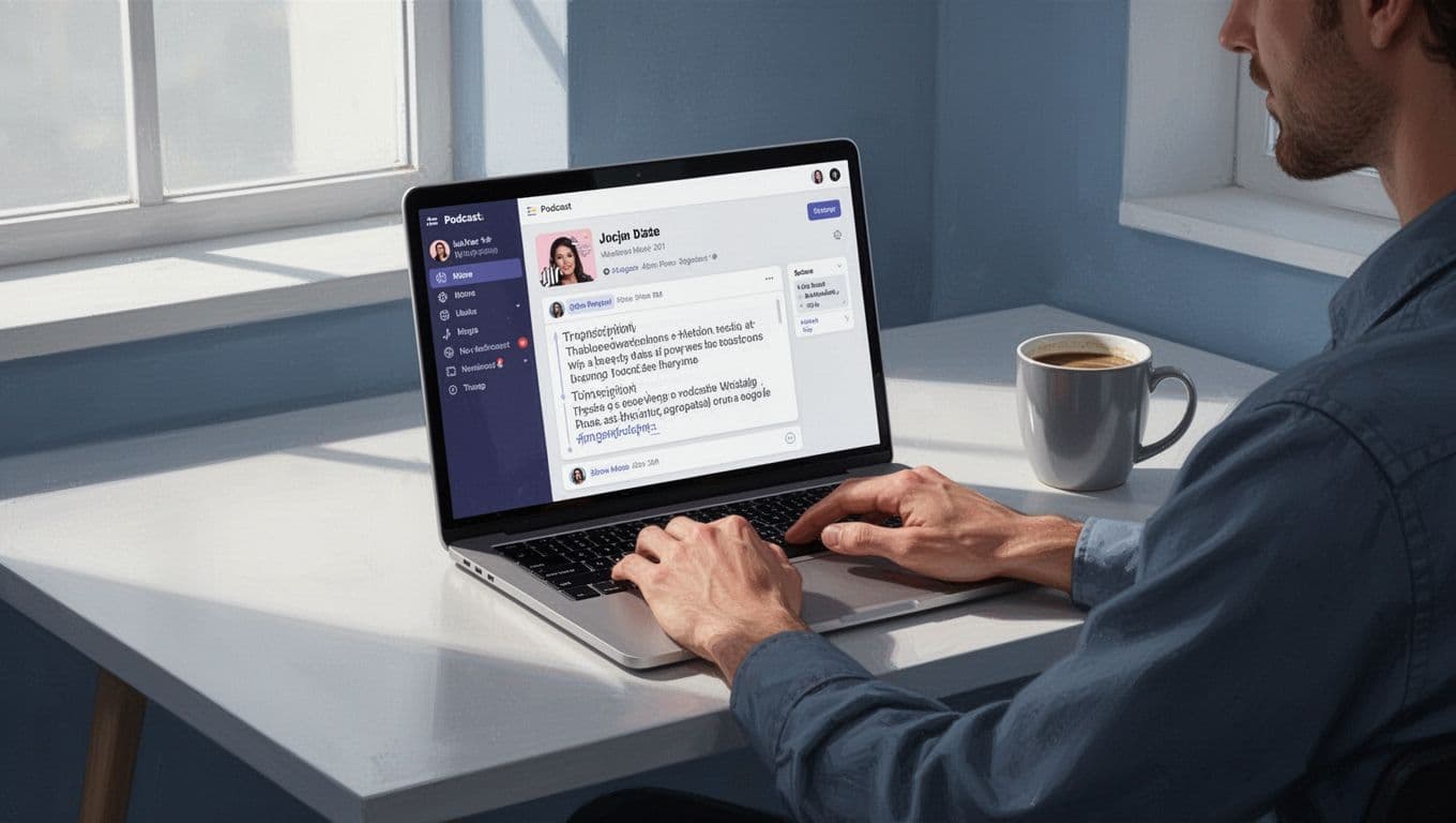 Podcaster at desk with laptop showing Transistor.fm dashboard, podcast episode, and transcription panel, coffee mug nearby.