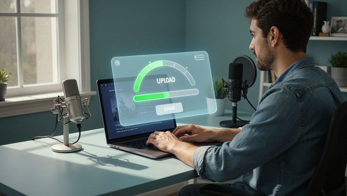 Podcaster at clean desk with microphone and laptop showing near-complete progress bar for large audio file on Transistor.fm screen.