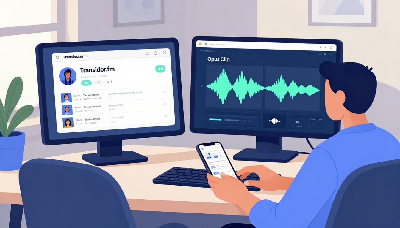 Modern illustration of a podcaster at a desk in a cozy home office, laptop showing Transistor.fm podcast dashboard and Opus Clip generating short clips, with a phone displaying a social media clip.