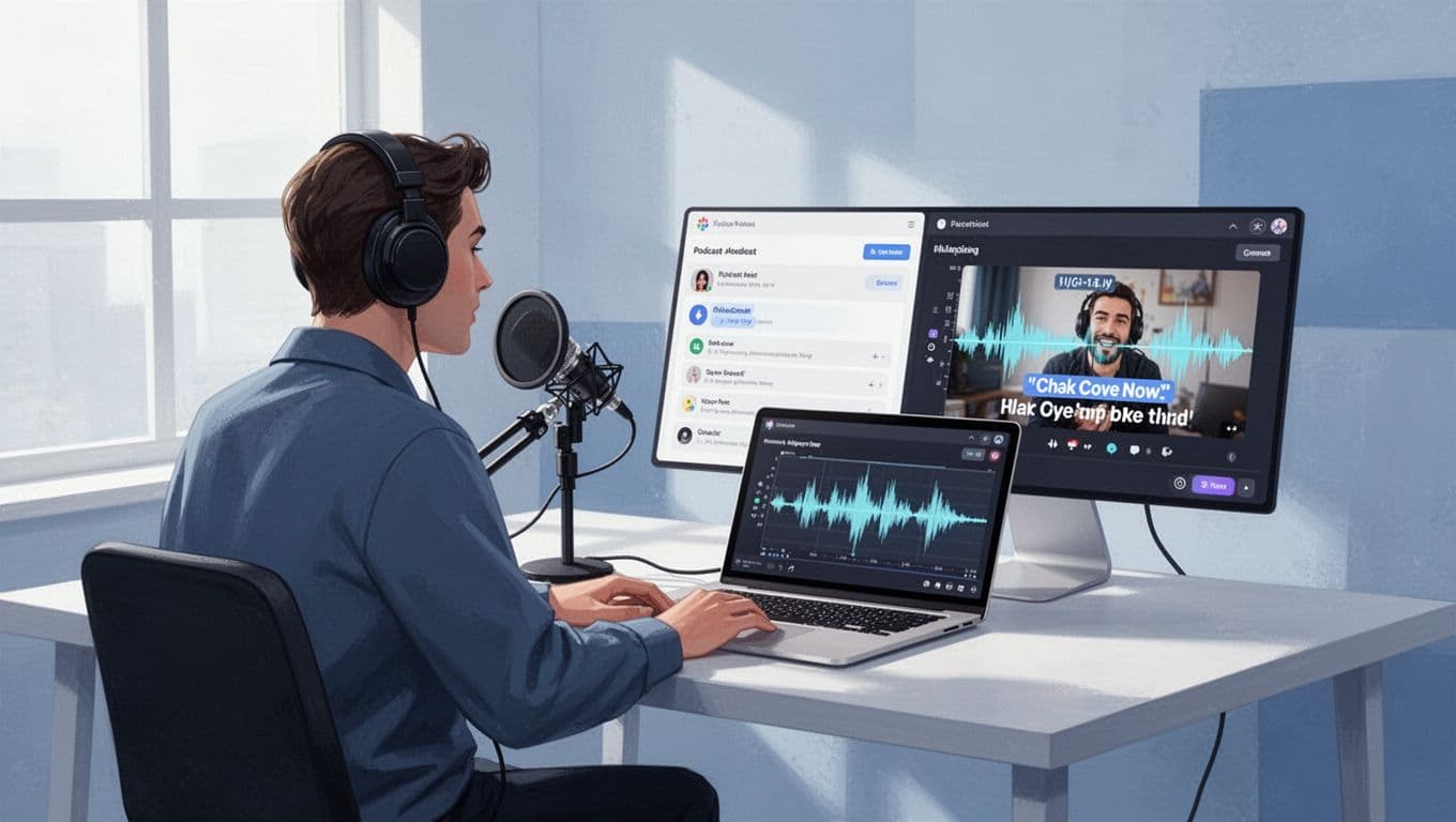 Modern illustration of a podcaster at a simple desk with microphone and laptop displaying Transistor.fm dashboard alongside Opus Clip interface, where an audio waveform transforms into a short captioned video clip.