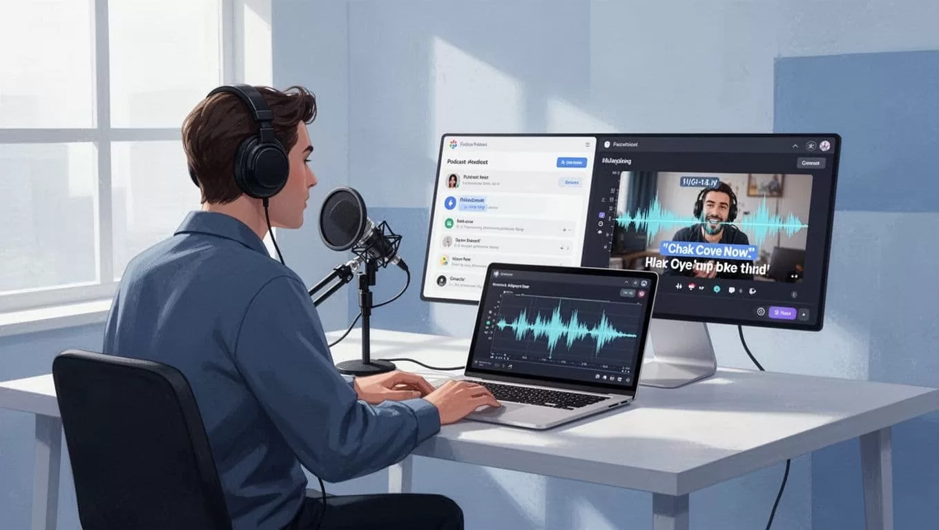 Modern illustration of a podcaster at a simple desk with microphone and laptop displaying Transistor.fm dashboard alongside Opus Clip interface, where an audio waveform transforms into a short captioned video clip.