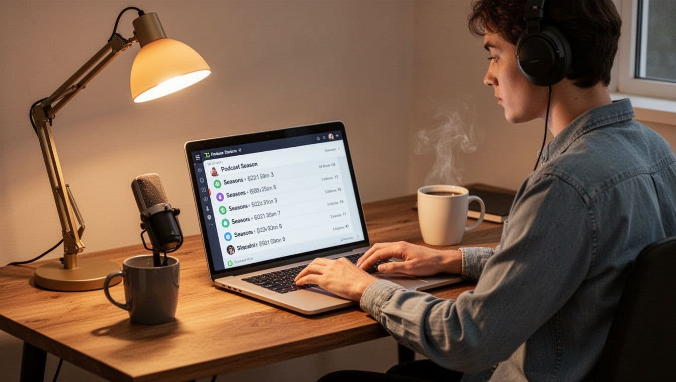 Podcaster at desk with laptop open to Transistor.fm dashboard listing podcast seasons, coffee mug and desk lamp nearby.