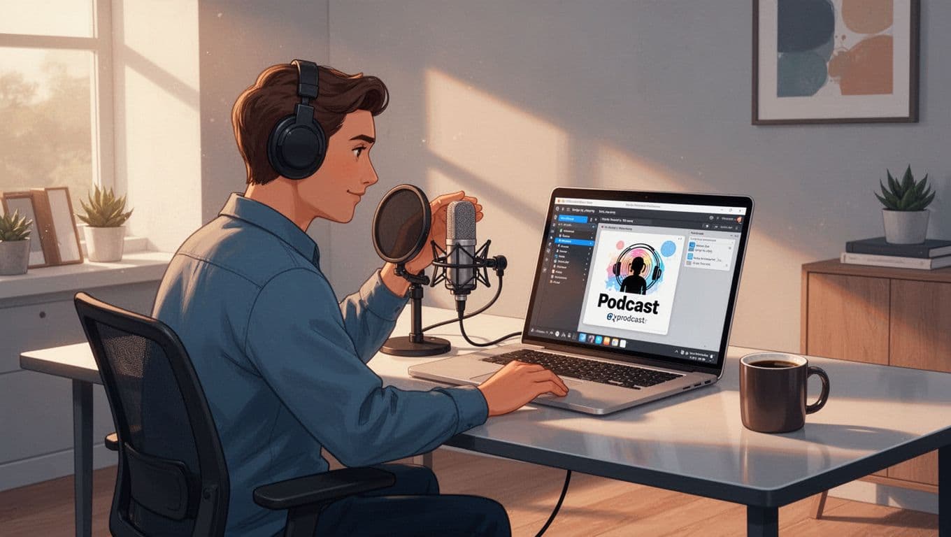 A podcaster at a desk with microphone and laptop screen showing Transistor.fm dashboard exporting a podcast episode as MP4 video file in a simple modern office with coffee mug and warm lighting. Modern illustration style with clean shapes in blues and oranges.