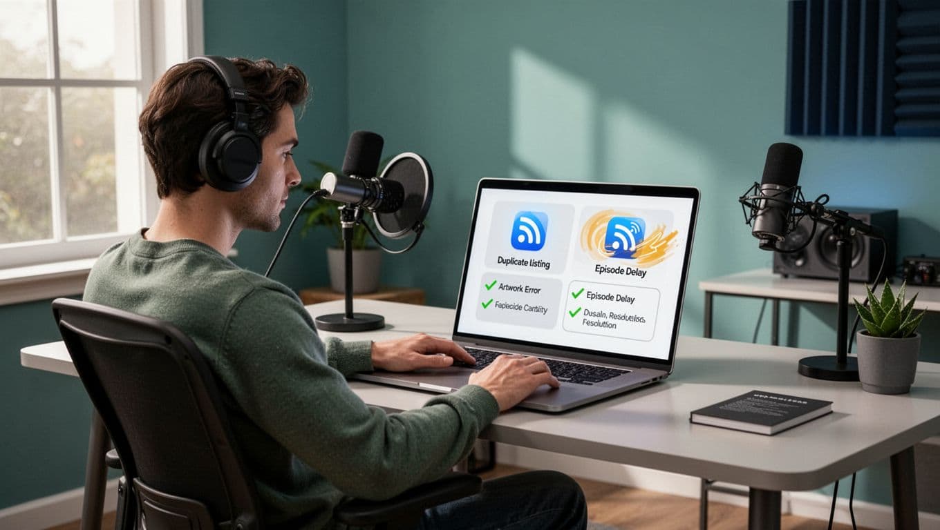 Modern illustration of a podcaster relaxed at a laptop screen displaying common RSS feed errors like duplicate listings, artwork issues, and episode delays, with icons and checkmark resolution steps in controlled blue and green tones.
