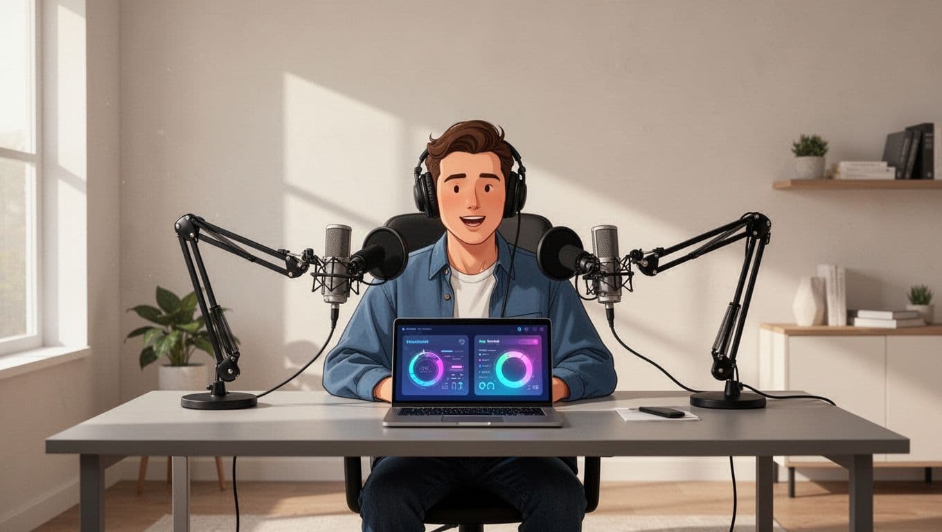Podcaster at desk with two microphones and laptop showing two podcast dashboards side by side in clean office.