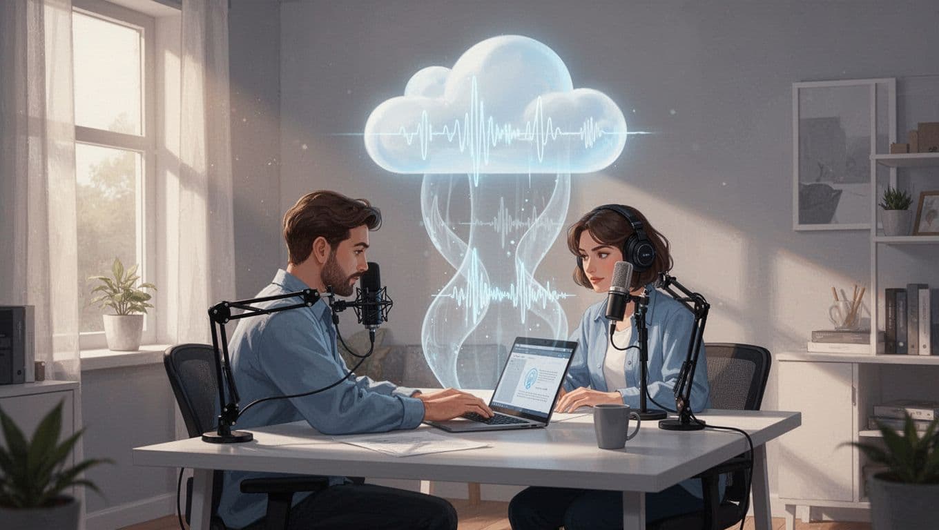 Illustration of a podcaster in a cozy home studio uploading endless stacks of podcast episodes to a glowing cloud server, with audio waveforms flowing upward infinitely. Modern style featuring microphone, laptop, soft blues, grays, whites, warm window lighting, and strong side-angle composition.