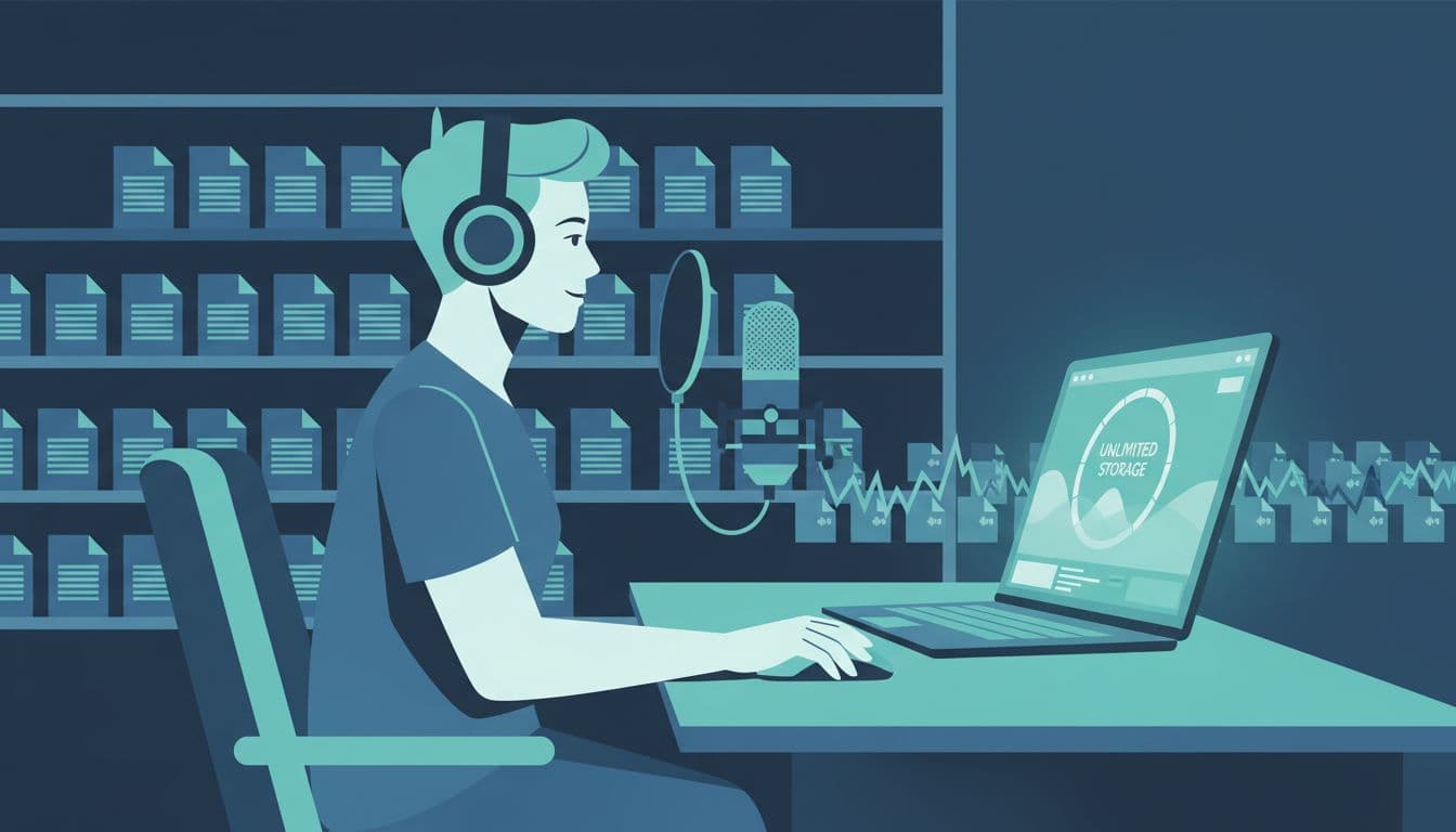 Podcaster at desk with microphone and laptop showing unlimited storage dashboard, shelves full of audio files.