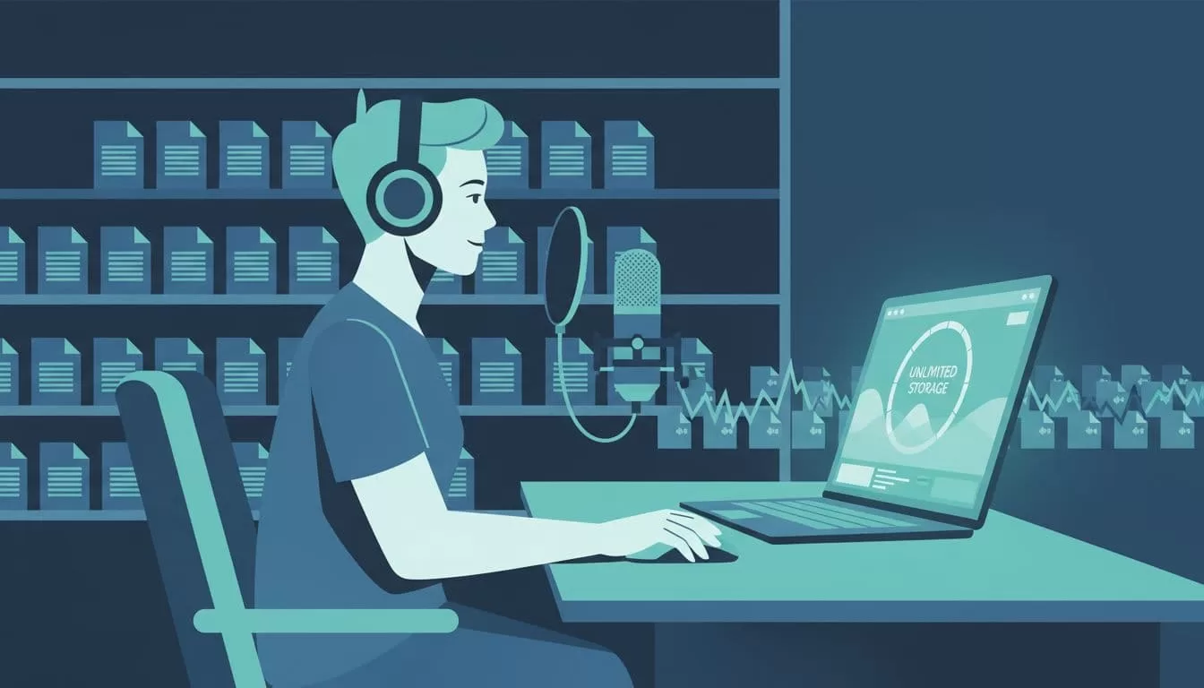 Podcaster at desk with microphone and laptop showing unlimited storage dashboard, shelves full of audio files.