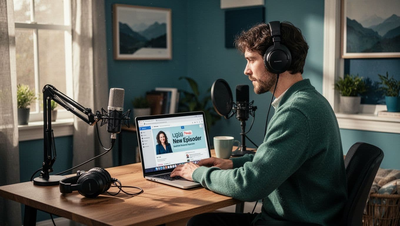 Podcaster in cozy home studio uploads episode on laptop showing waveform player, desk with mic and headphones.