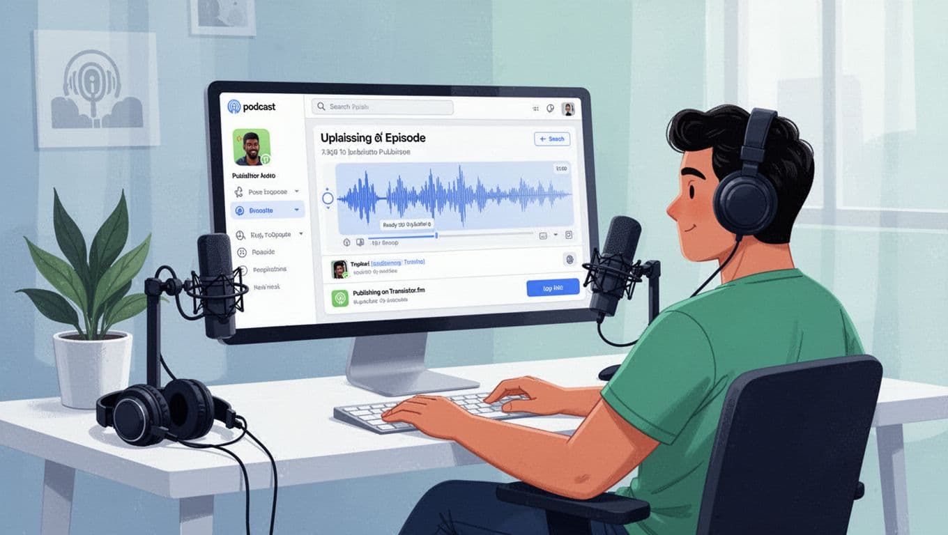 Modern illustration of a podcaster uploading an audio file to the podcast dashboard on a computer, with waveform finalizing the episode ready for publish, desk setup with headphones and microphone, relaxed pose under natural lighting.