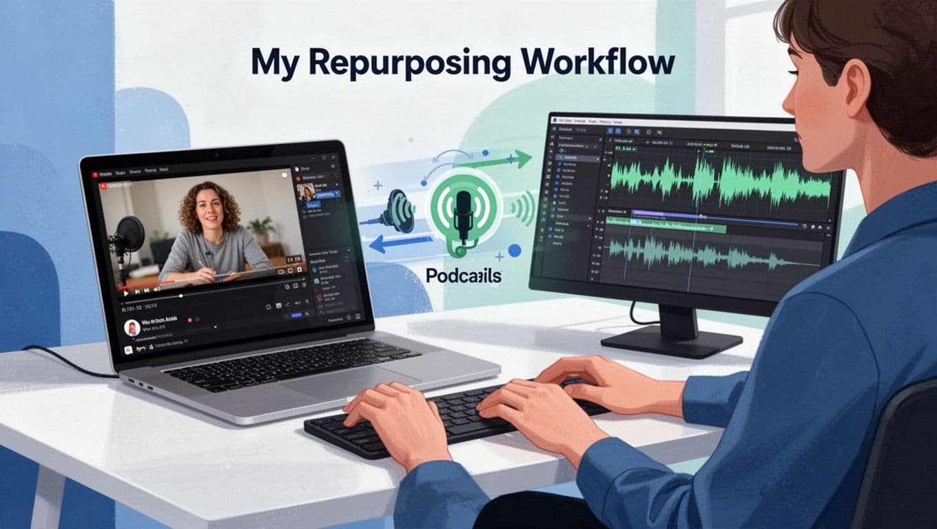 Modern illustration of a podcaster at a clean desk with laptop displaying video player and audio waveform software, depicting the transformation of long-form video into a podcast episode using clean shapes in blue and green tones.