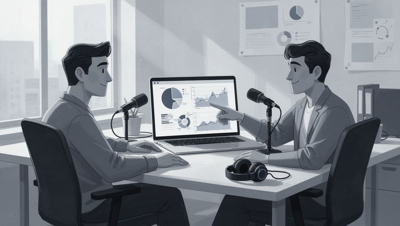 Two podcasters in bright office review shared laptop screen with podcast analytics, one pointing relaxedly, headphones on table.