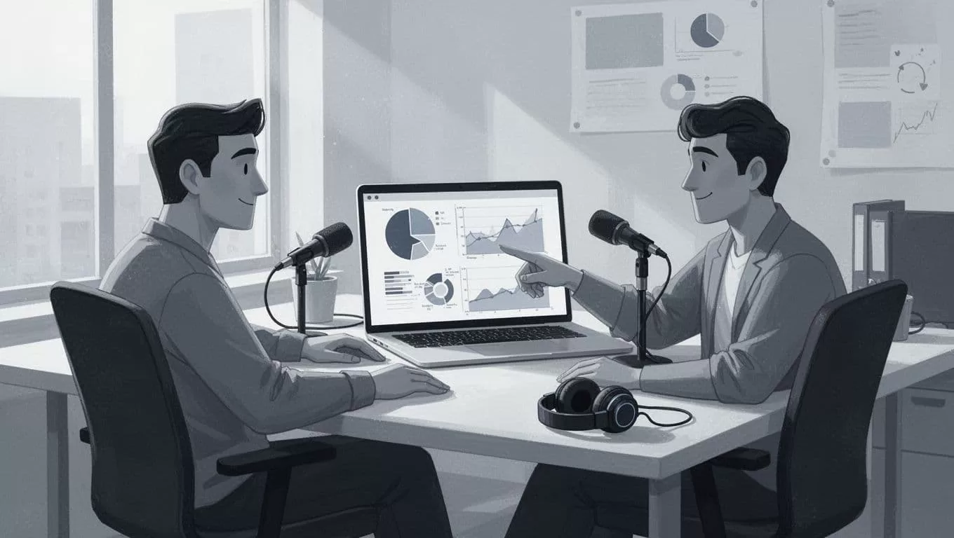 Two podcasters in bright office review shared laptop screen with podcast analytics, one pointing relaxedly, headphones on table.