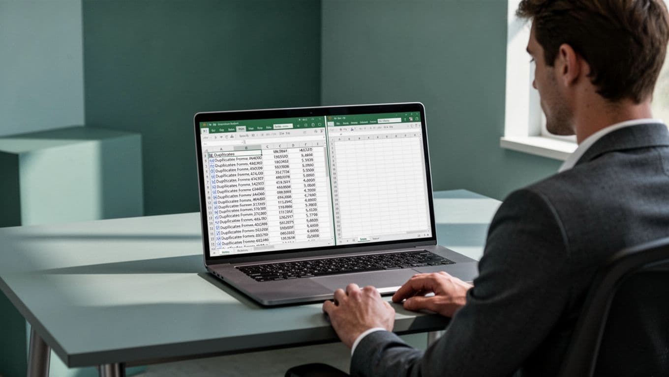 Modern illustration in blues-greens palette showing Power Tools interface removing duplicate rows from a messy customer list in a spreadsheet, with before-after data cleaning view on a laptop screen viewed by one person.