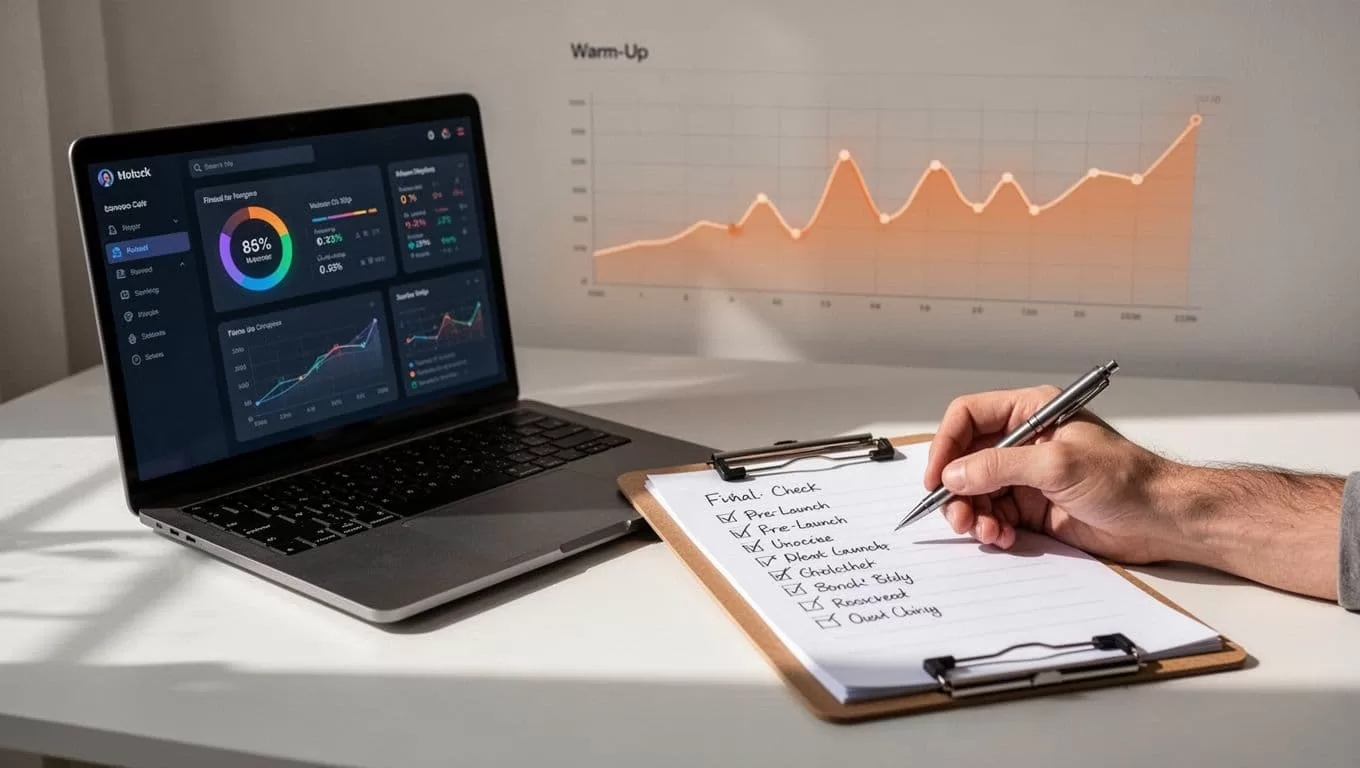 Modern illustration of a checklist on a clipboard next to a laptop with email dashboard and subtle warm-up progress graph in the background, hand holding pen in clean workspace with soft lighting.