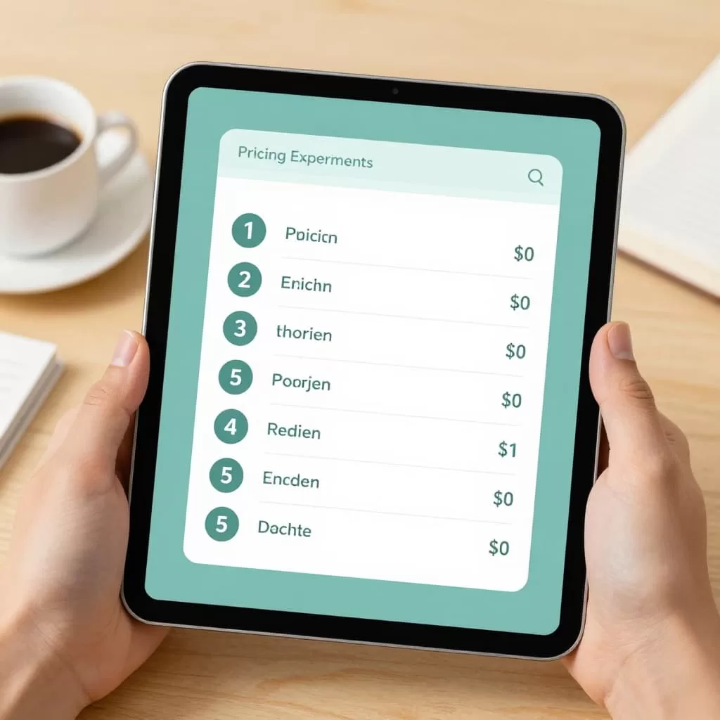 Modern illustration in blue-green tones of a pricing page experiment on a tablet held by one hand, partially obscured, next to a coffee mug and notes in a simple room with warm lighting.