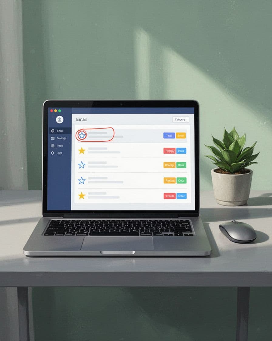 Modern illustration of a laptop screen showing a clean prioritized inbox with starred and labeled lead emails, simple desk background with plant and mouse, in soft greens blues and grays.