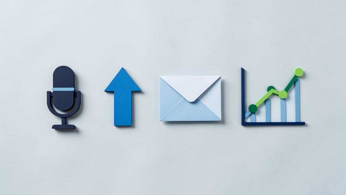 Modern illustration of a horizontal sequence of simple icons depicting podcast creation workflow: microphone recording, upload arrow, email invite, and analytics graph on a light background with blue and green palette.
