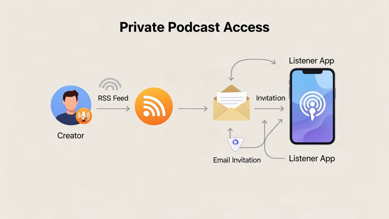Simple flowchart shows access flow from creator to listener apps via RSS feed and email invite, with revoke button.